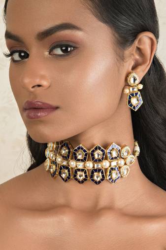 Modern Regala Blue Enamelled Kundan And  Pearls Necklace And Earrings Set.