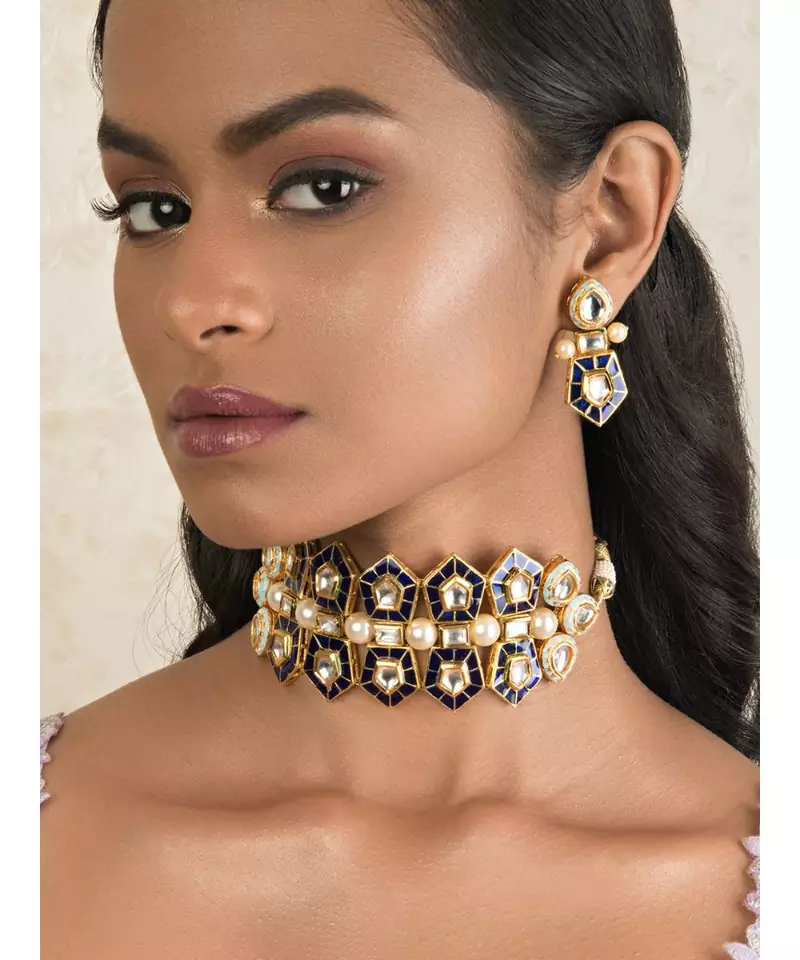 Modern Regala Blue Enamelled Kundan And  Pearls Necklace And Earrings Set.
