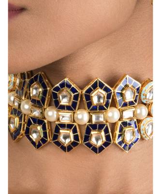Modern Regala Blue Enamelled Kundan And  Pearls Necklace And Earrings Set. 2