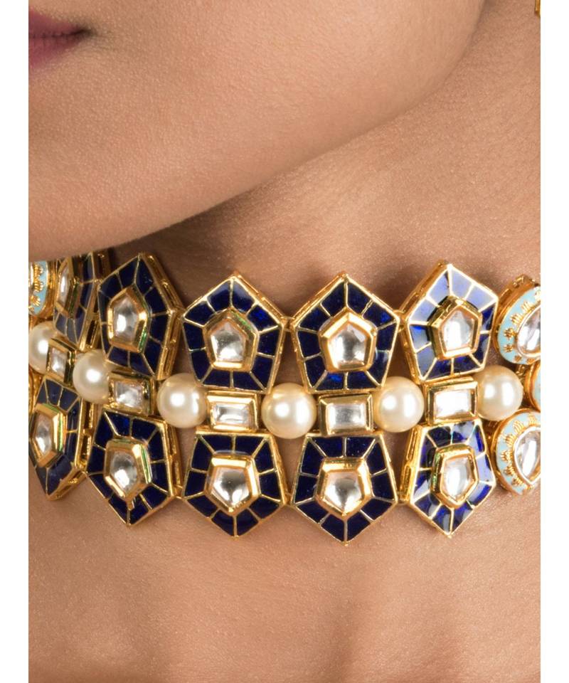 Modern Regala Blue Enamelled Kundan And  Pearls Necklace And Earrings Set.