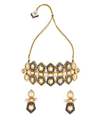 Modern Regala Blue Enamelled Kundan And  Pearls Necklace And Earrings Set. 3
