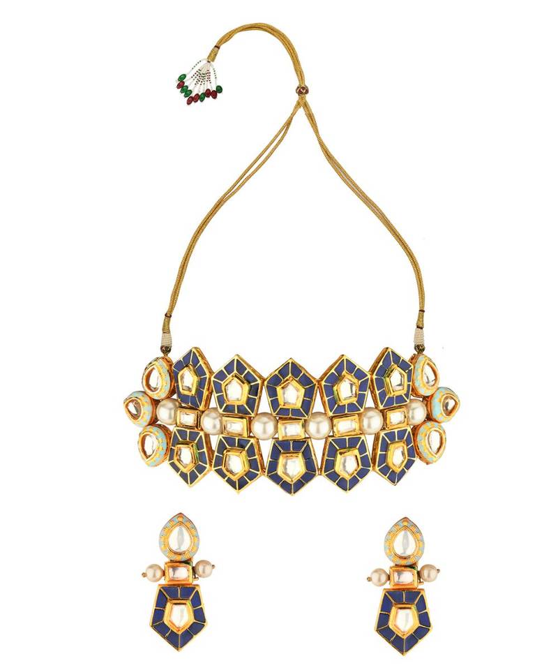 Modern Regala Blue Enamelled Kundan And  Pearls Necklace And Earrings Set.
