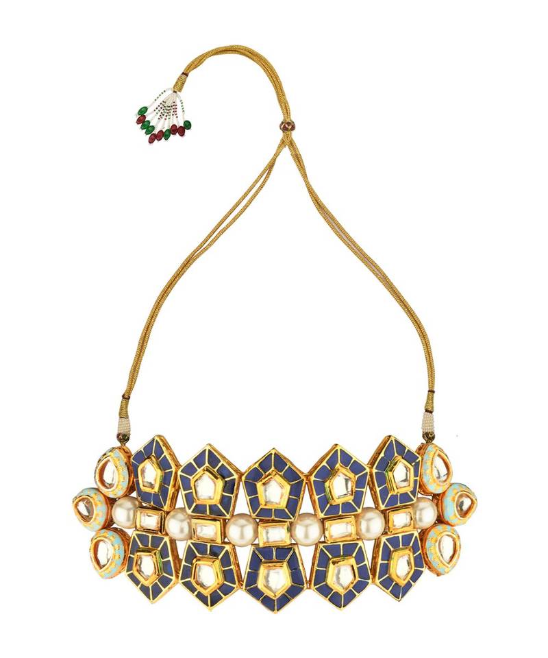 Modern Regala Blue Enamelled Kundan And  Pearls Necklace And Earrings Set.