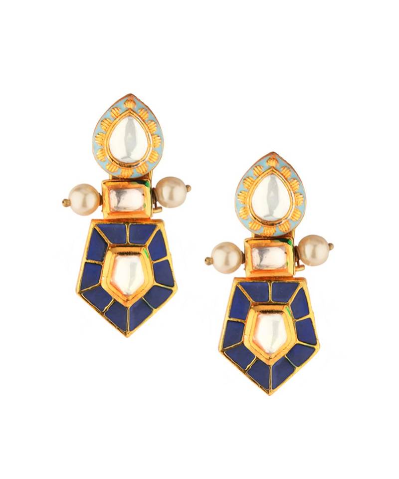 Modern Regala Blue Enamelled Kundan And  Pearls Necklace And Earrings Set.