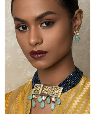 Turquoise Titan Blue Enamelled Kundan Necklace And Earrings Set. 1
