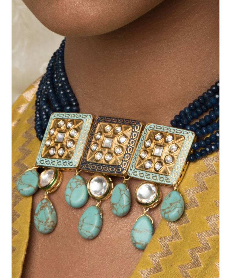 Turquoise Titan Blue Enamelled Kundan Necklace And Earrings Set.