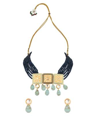 Turquoise Titan Blue Enamelled Kundan Necklace And Earrings Set. 3