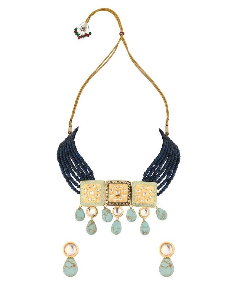 Turquoise Titan Blue Enamelled Kundan Necklace And Earrings Set.