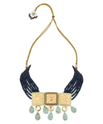 Turquoise Titan Blue Enamelled Kundan Necklace And Earrings Set. 4