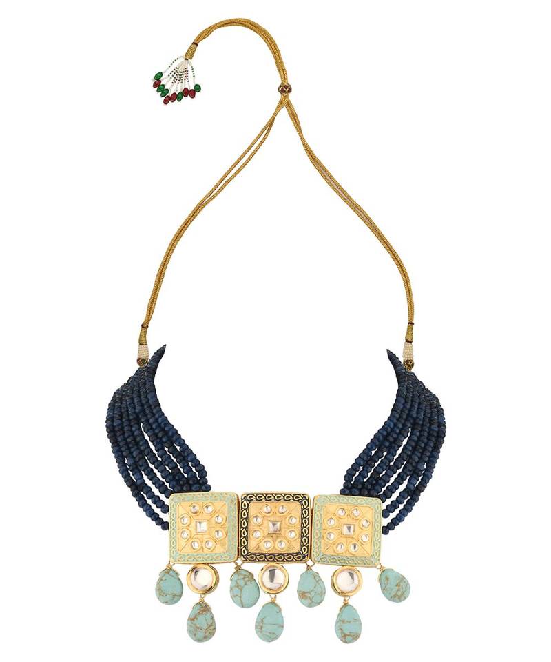 Turquoise Titan Blue Enamelled Kundan Necklace And Earrings Set.