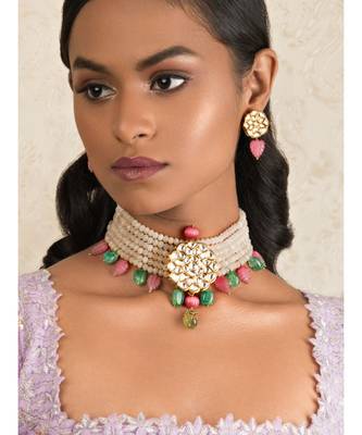 Femme Fantasy Pink And Green Kundan Necklace And Earrings Set. 1