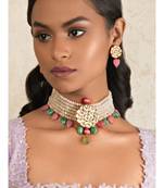 Femme Fantasy Pink And Green Kundan Necklace And Earrings Set.
