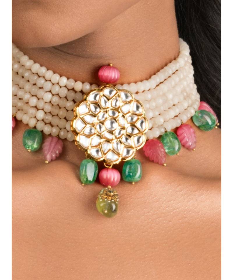 Femme Fantasy Pink And Green Kundan Necklace And Earrings Set.