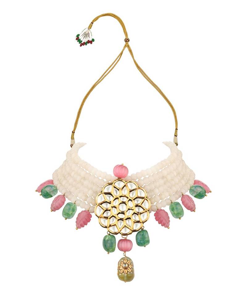 Femme Fantasy Pink And Green Kundan Necklace And Earrings Set.