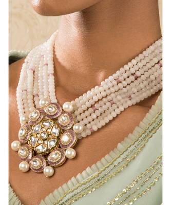 Zenia Pink Enamelled Kundan And  Pearls Necklace And Earrings Set. 2