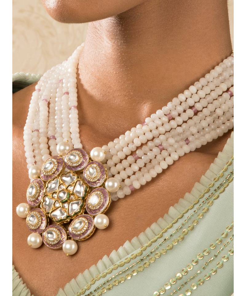 Zenia Pink Enamelled Kundan And  Pearls Necklace And Earrings Set.