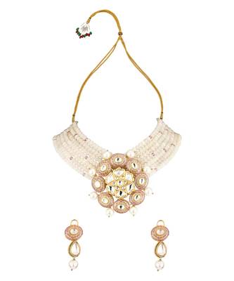 Zenia Pink Enamelled Kundan And  Pearls Necklace And Earrings Set. 3