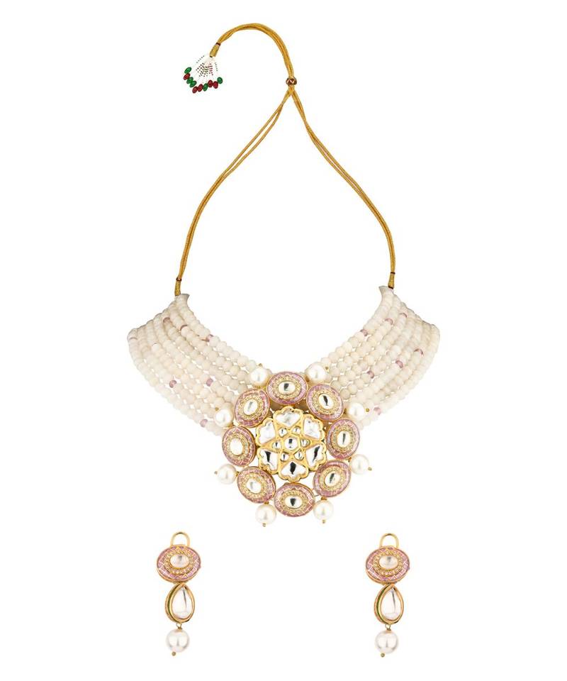 Zenia Pink Enamelled Kundan And  Pearls Necklace And Earrings Set.