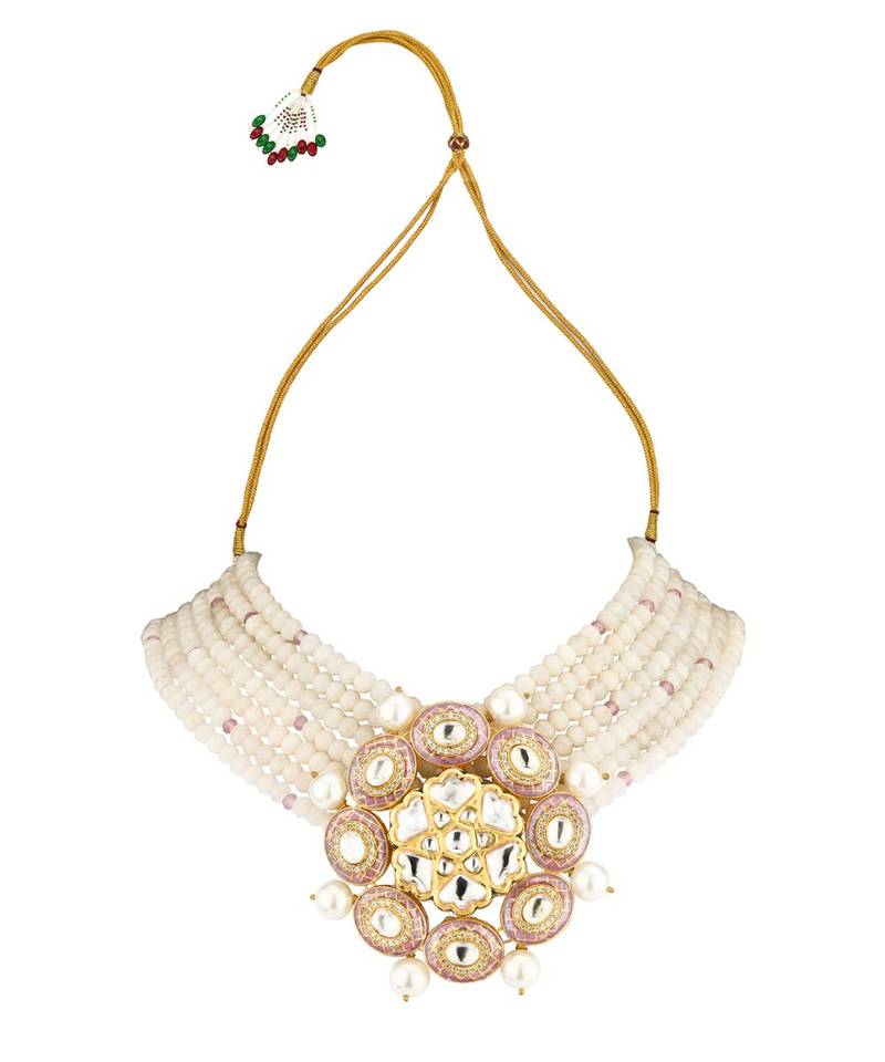Zenia Pink Enamelled Kundan And  Pearls Necklace And Earrings Set.