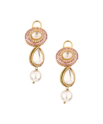 Zenia Pink Enamelled Kundan And  Pearls Necklace And Earrings Set. 5