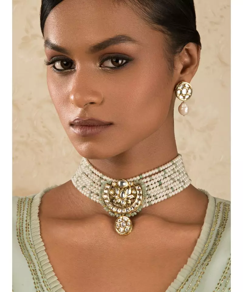 Pearl Relish Green Kundan And  Pearls Necklace And Earrings Set
