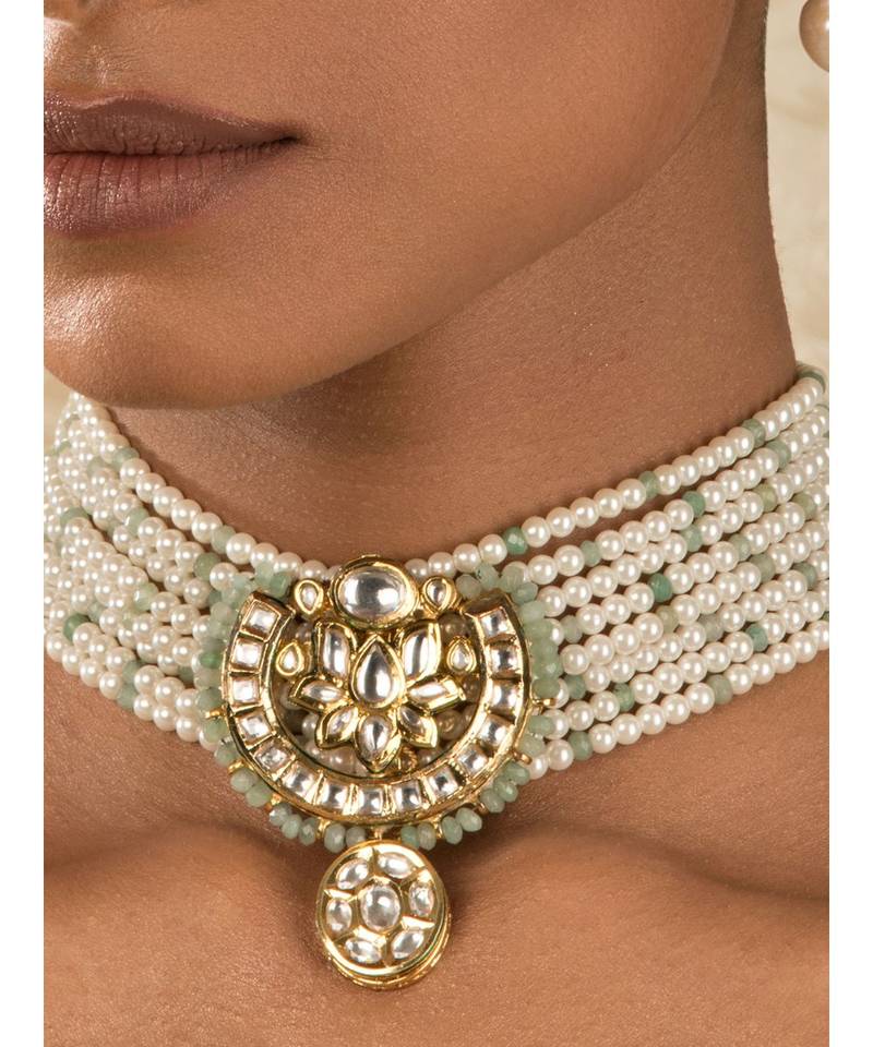 Pearl Relish Green Kundan And  Pearls Necklace And Earrings Set