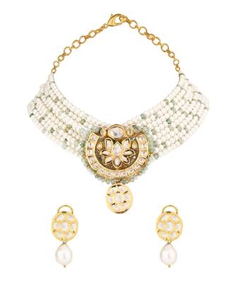 Pearl Relish Green Kundan And  Pearls Necklace And Earrings Set 3