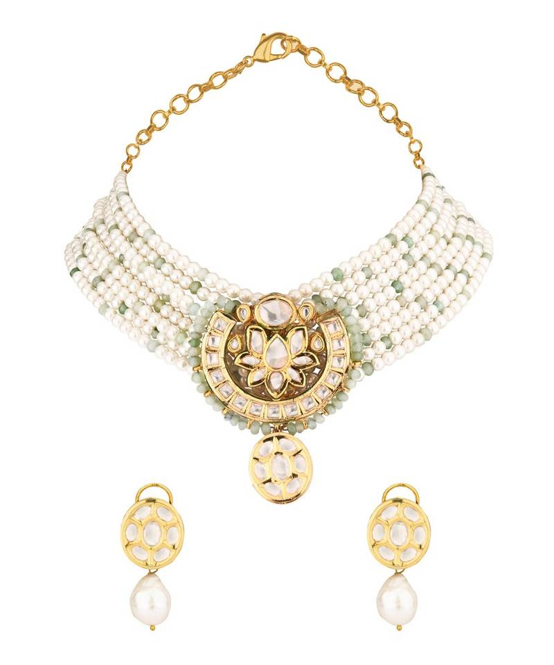 Pearl Relish Green Kundan And  Pearls Necklace And Earrings Set