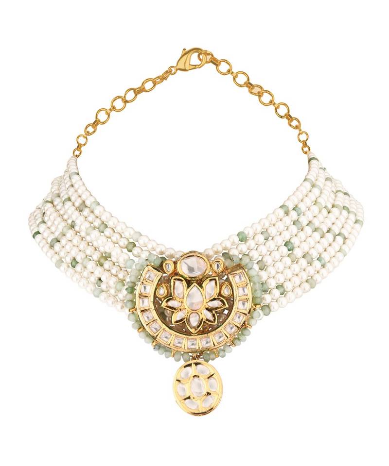 Pearl Relish Green Kundan And  Pearls Necklace And Earrings Set