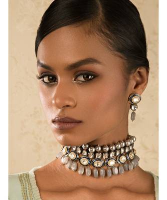 Charisma Enamelled Blue And Grey Kundan And  Pearls Necklace And Earrings Set. 1