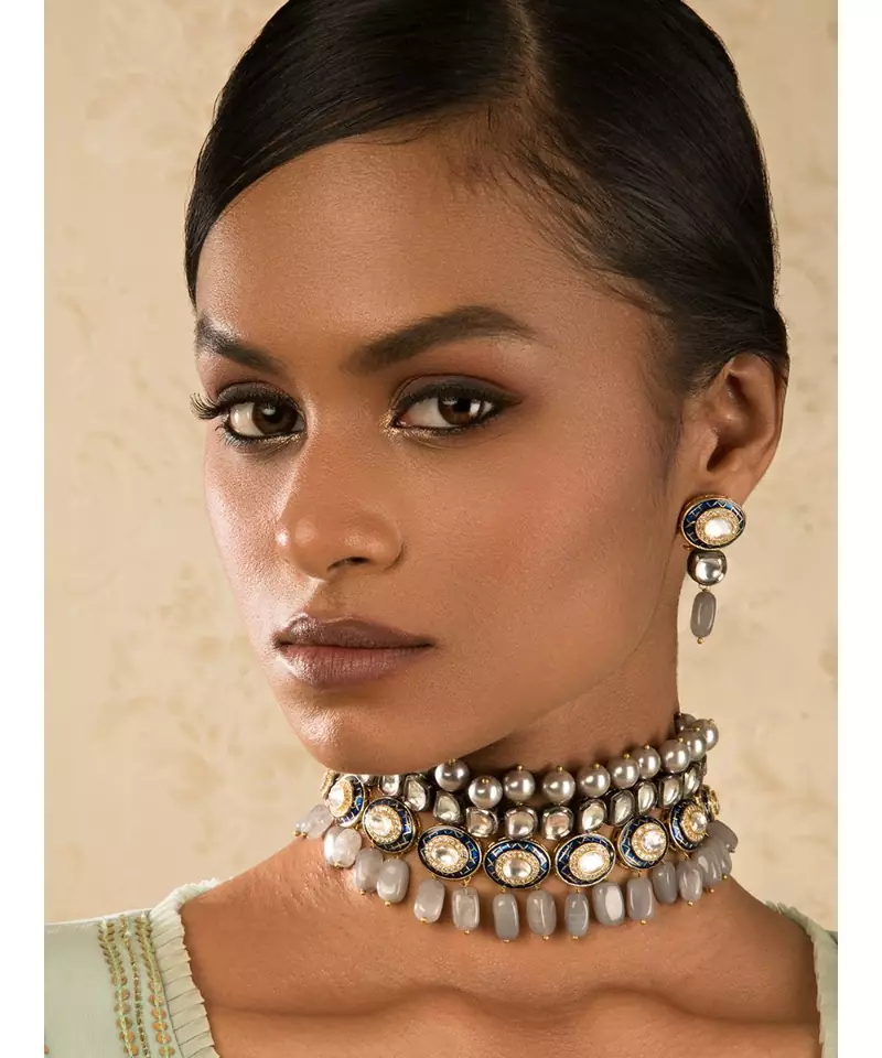 Charisma Enamelled Blue And Grey Kundan And  Pearls Necklace And Earrings Set.