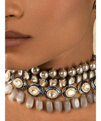 Charisma Enamelled Blue And Grey Kundan And  Pearls Necklace And Earrings Set. 2