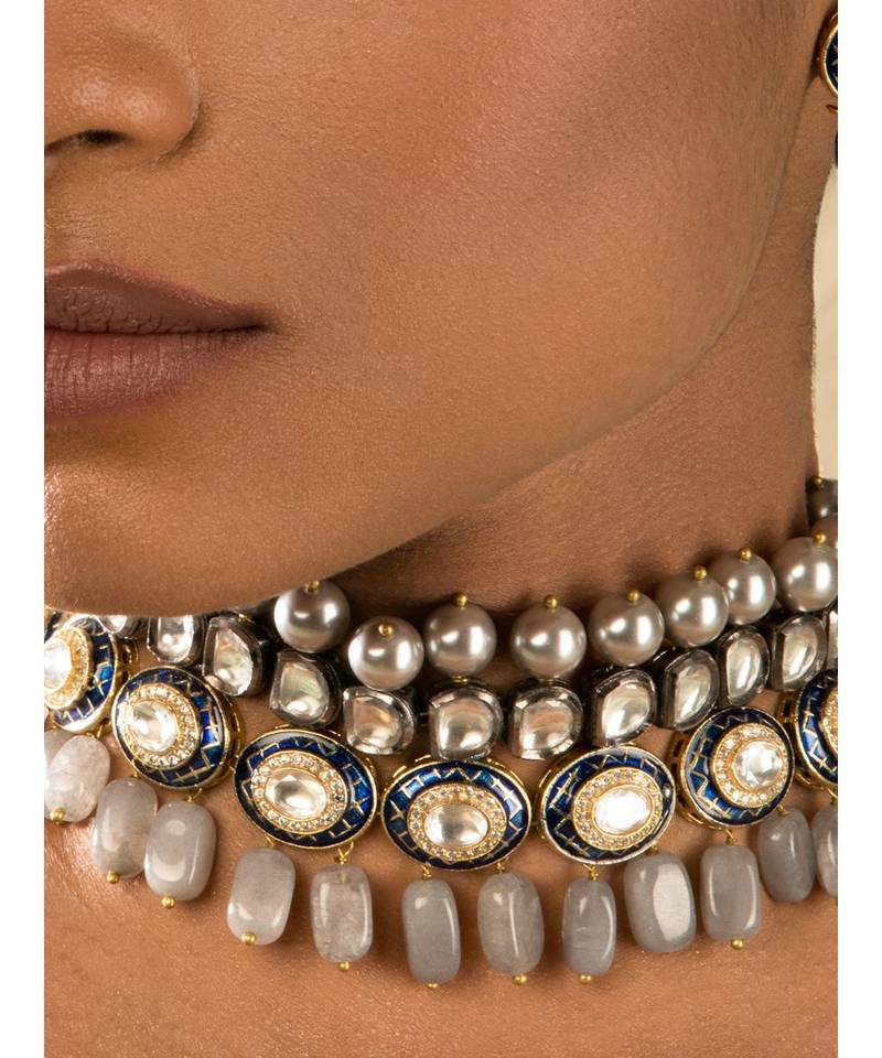Charisma Enamelled Blue And Grey Kundan And  Pearls Necklace And Earrings Set.