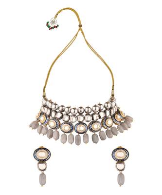 Charisma Enamelled Blue And Grey Kundan And  Pearls Necklace And Earrings Set. 3