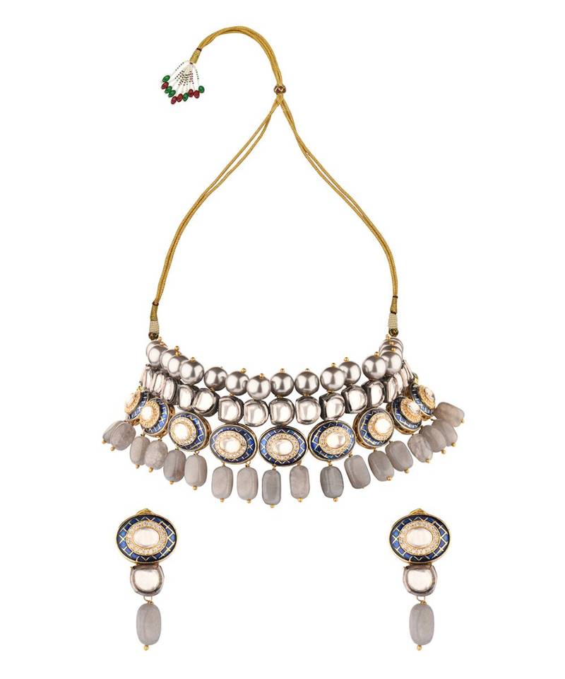 Charisma Enamelled Blue And Grey Kundan And  Pearls Necklace And Earrings Set.