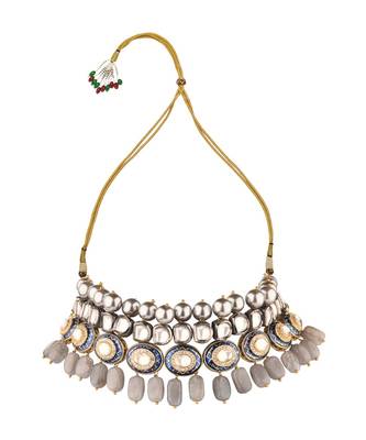 Charisma Enamelled Blue And Grey Kundan And  Pearls Necklace And Earrings Set. 4