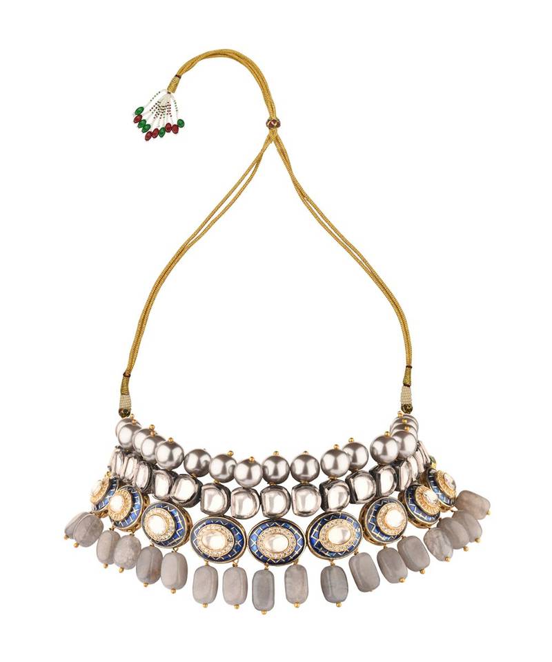 Charisma Enamelled Blue And Grey Kundan And  Pearls Necklace And Earrings Set.