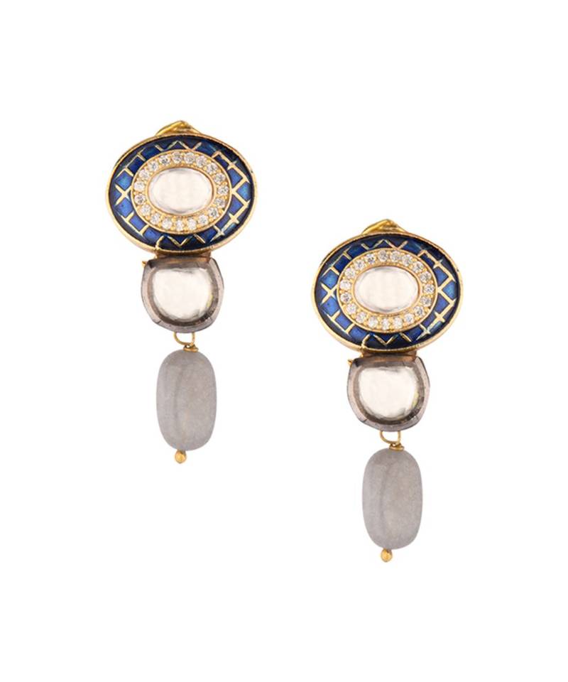 Charisma Enamelled Blue And Grey Kundan And  Pearls Necklace And Earrings Set.