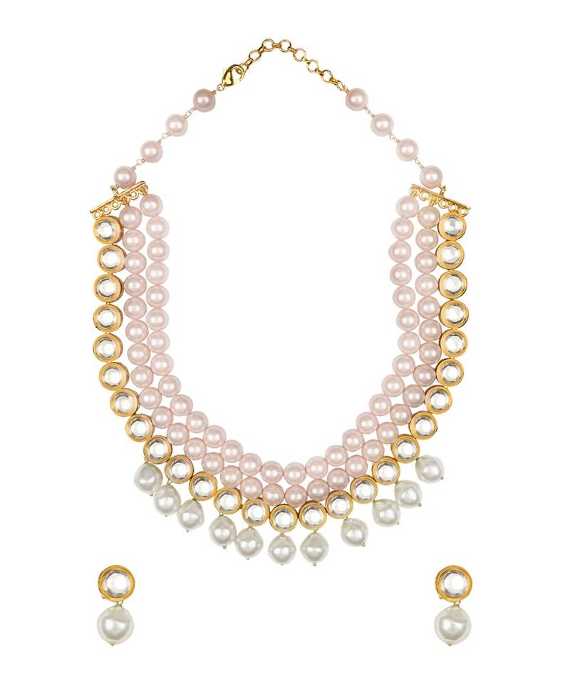Riveting Pink And White Kundan Necklace And Earrings Set.