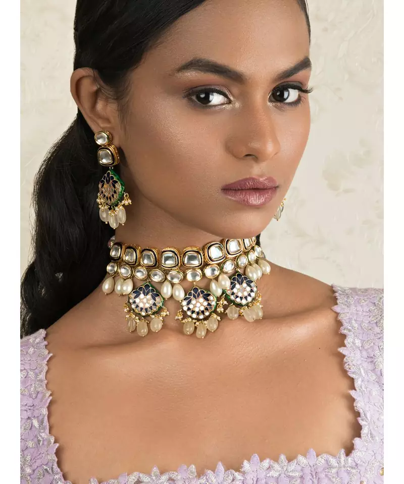 Charming Enamelled Blue Kundan Necklace And Earrings Set