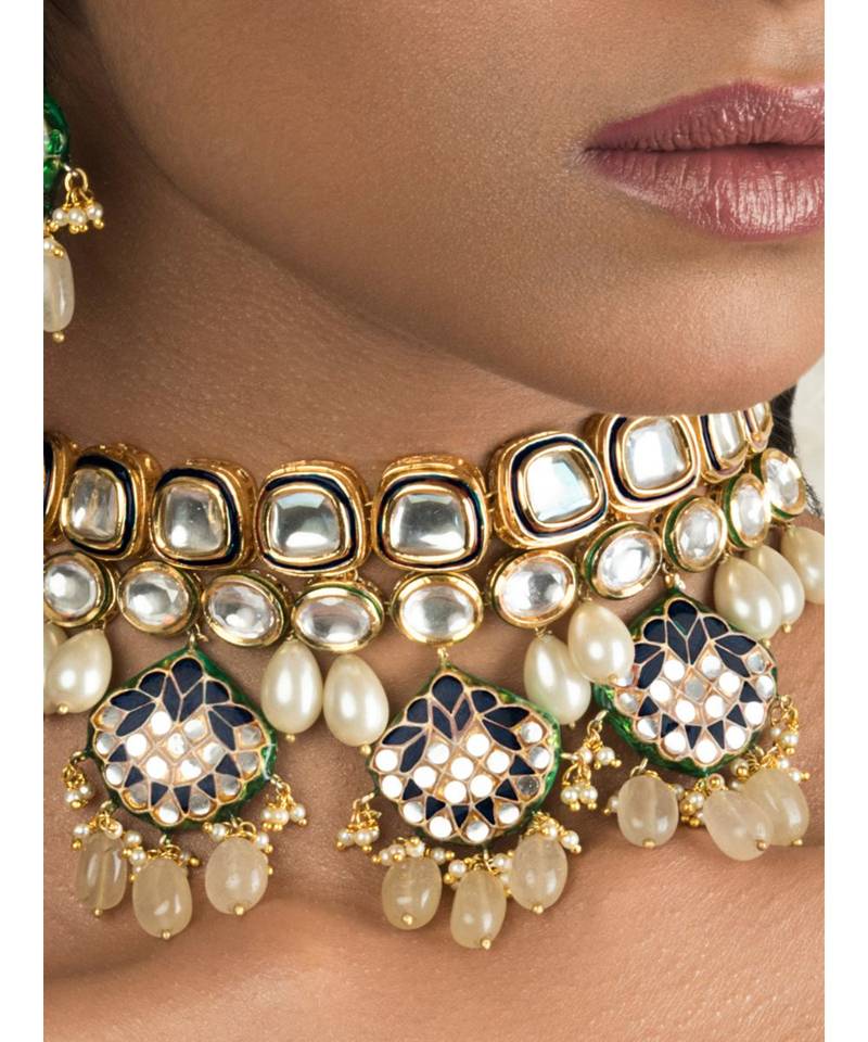 Charming Enamelled Blue Kundan Necklace And Earrings Set
