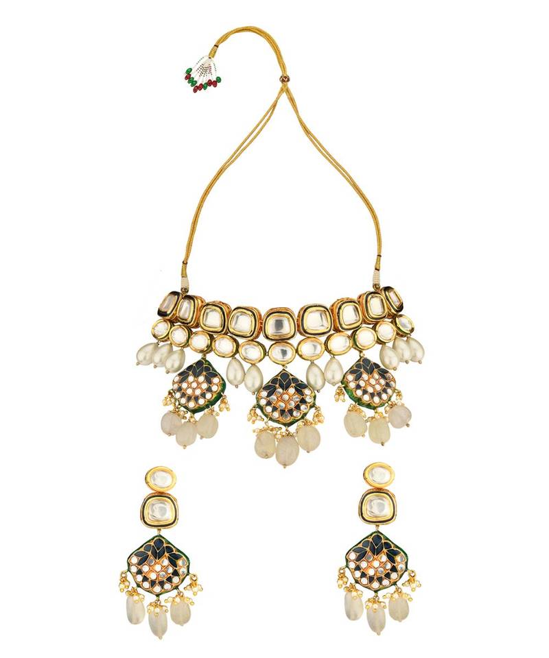 Charming Enamelled Blue Kundan Necklace And Earrings Set