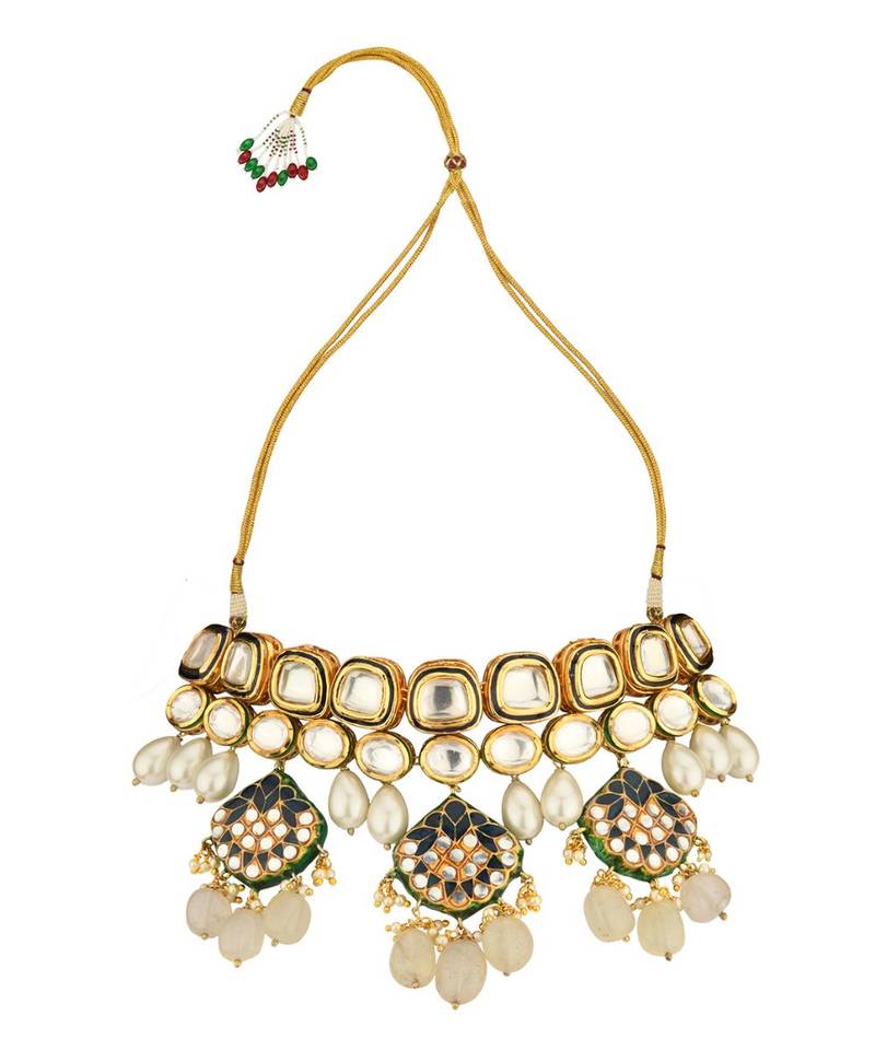 Charming Enamelled Blue Kundan Necklace And Earrings Set