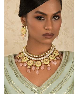 Linear Love Enamelled Green And Pink Kundan Necklace And Earrings Set 1