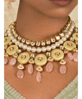 Linear Love Enamelled Green And Pink Kundan Necklace And Earrings Set 2