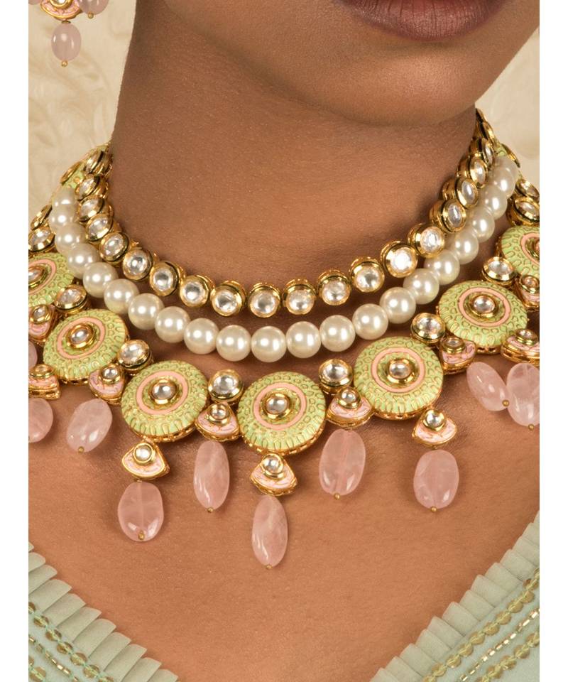 Linear Love Enamelled Green And Pink Kundan Necklace And Earrings Set