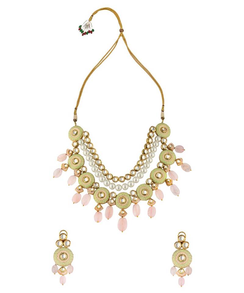 Linear Love Enamelled Green And Pink Kundan Necklace And Earrings Set