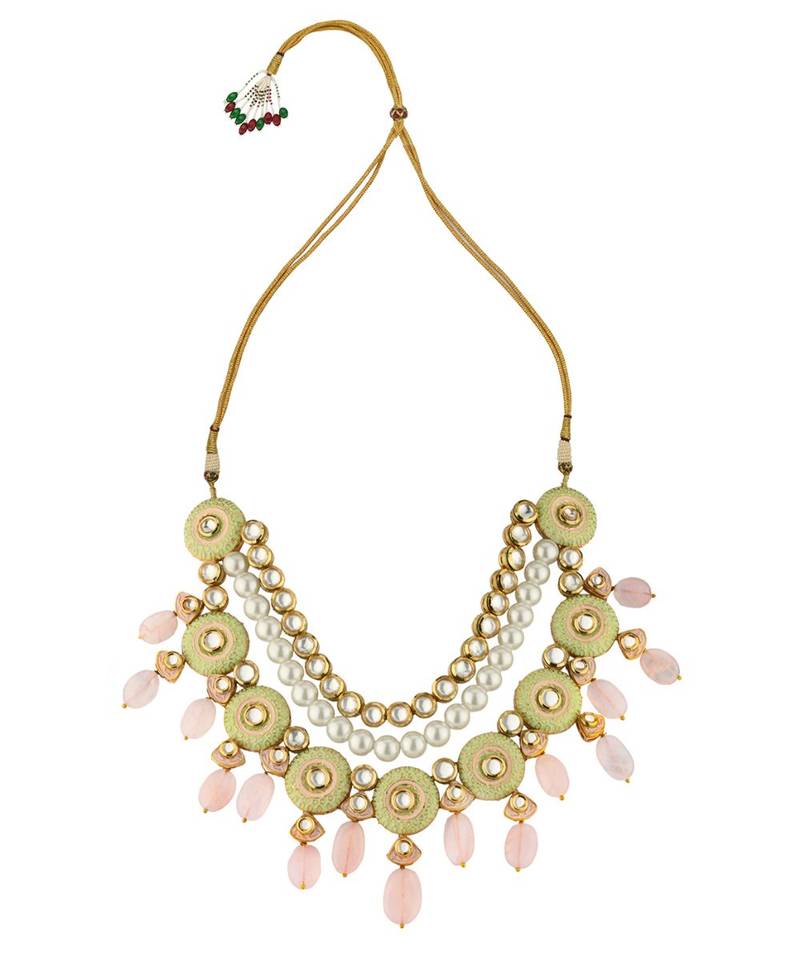 Linear Love Enamelled Green And Pink Kundan Necklace And Earrings Set