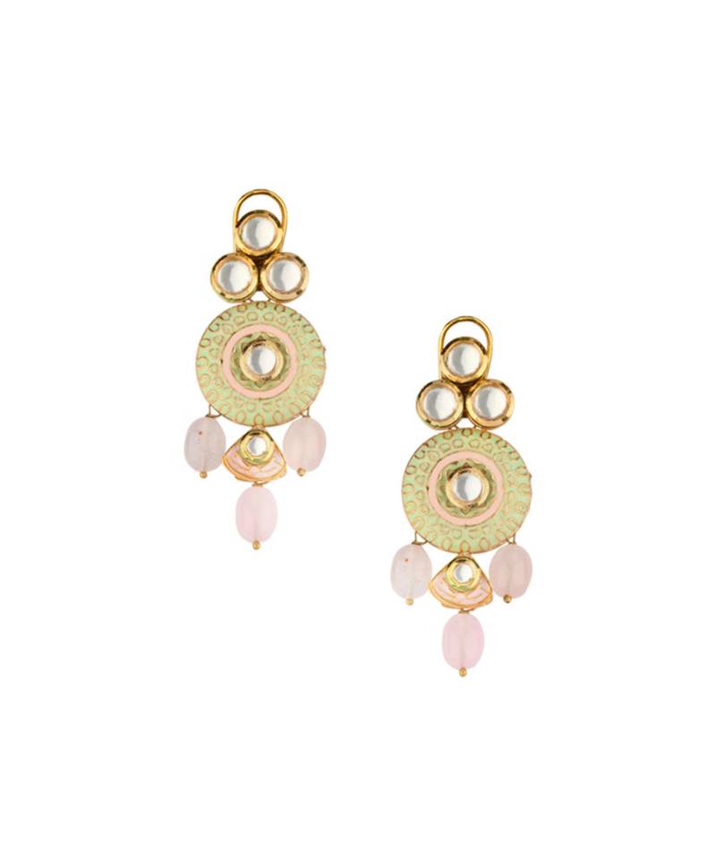 Linear Love Enamelled Green And Pink Kundan Necklace And Earrings Set