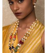 New Age Wonder Off White And Blue Kundan ,  Pearls And Jade Beads Necklace And Earrings Set.